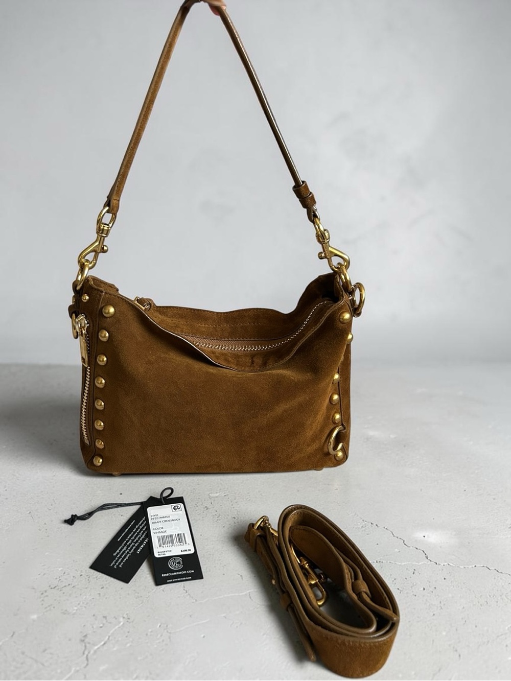 Rebecca Minkoff Tan Brown Suede Hobo Shoulder Bag Gold Hardware Milan Crossbody
